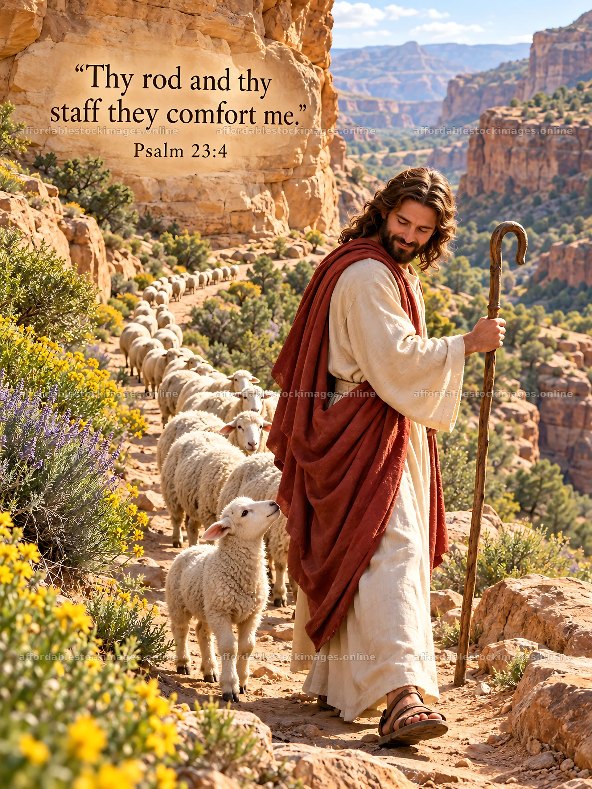 Jesus Christ guiding sheep along a mountain path – stock images 6708x8945