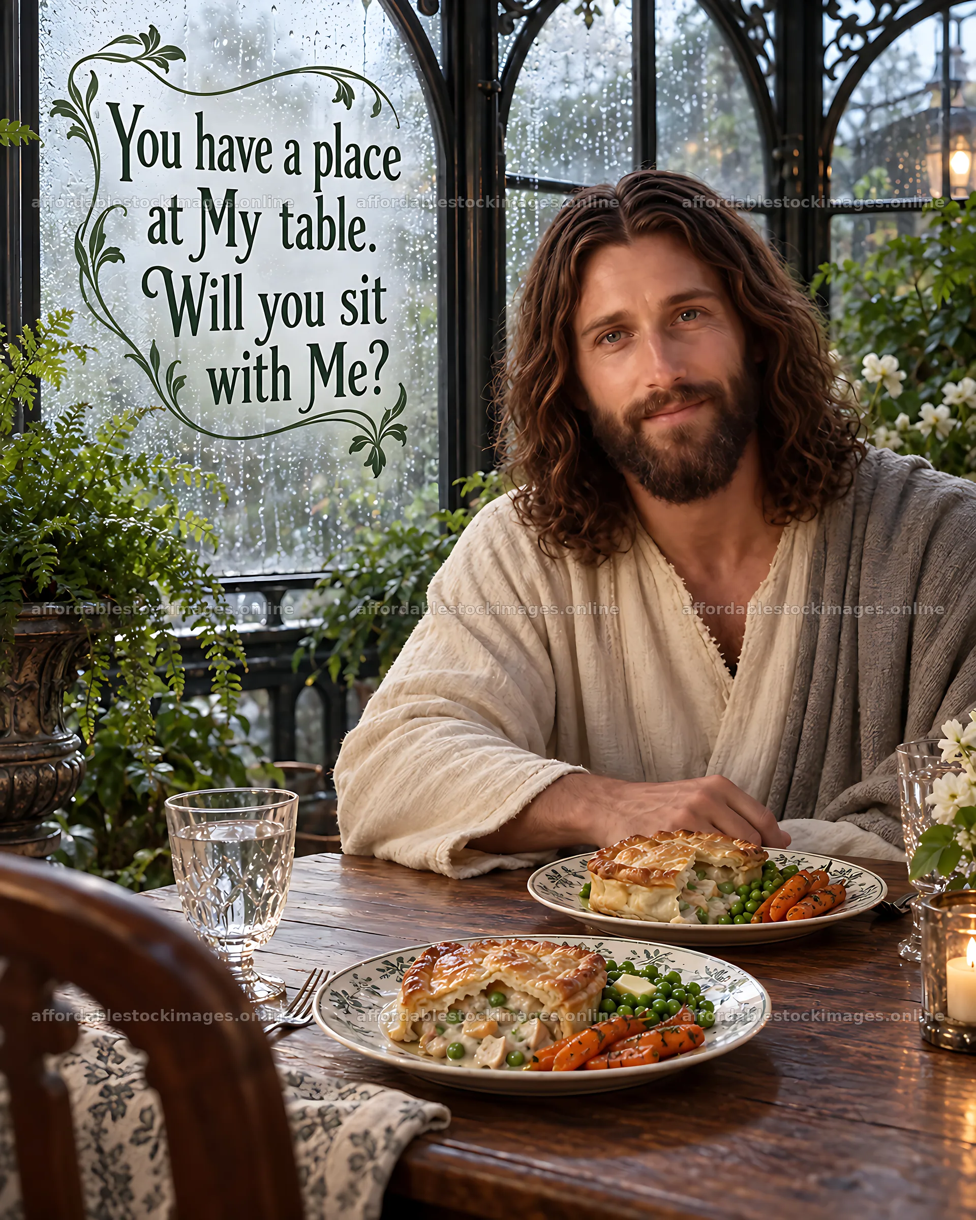 Man at table in conservatory with food and inviting message – stock images 7100x8872