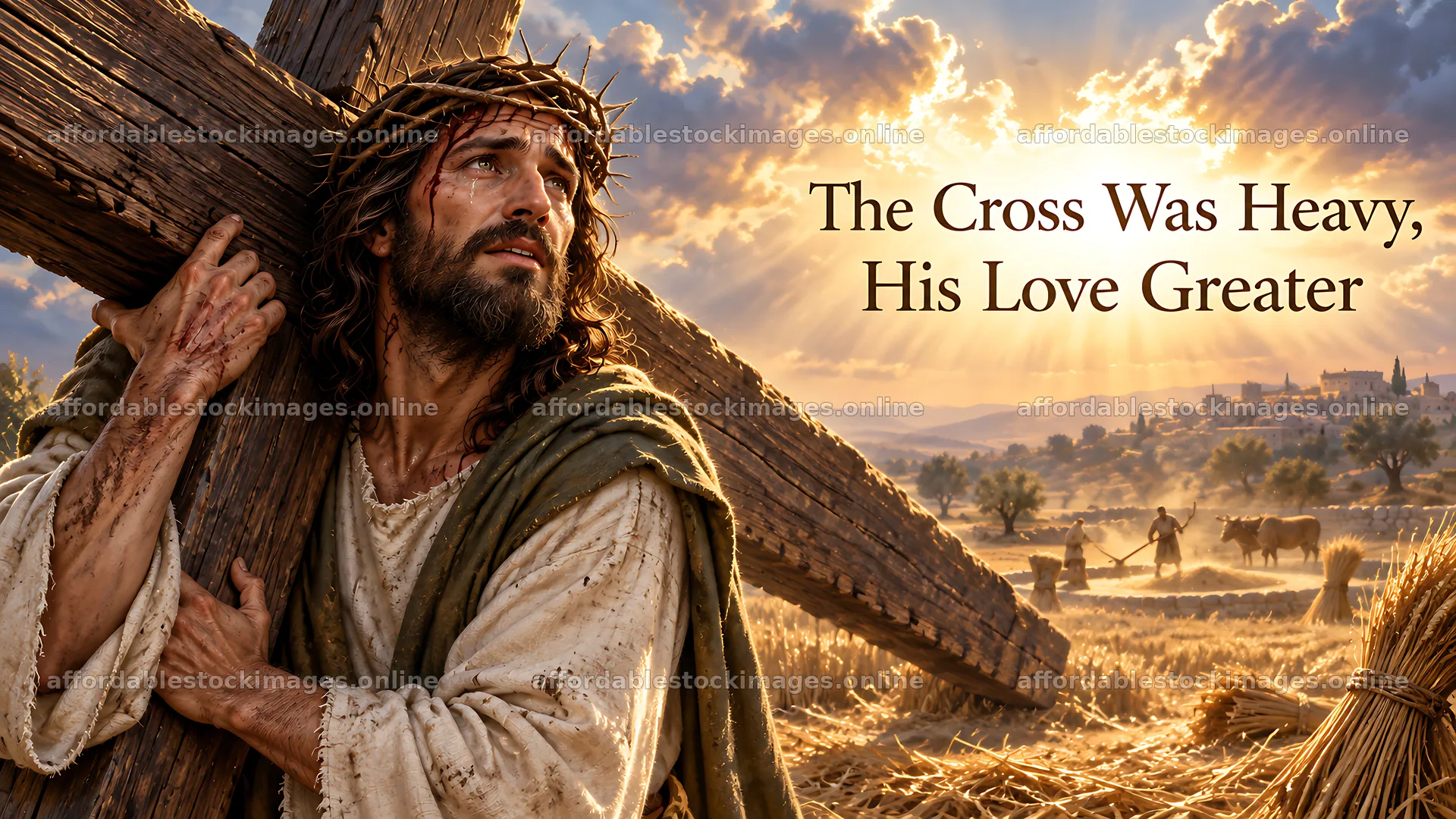 Man carries cross in open landscape during sunset – stock images 10580x5954