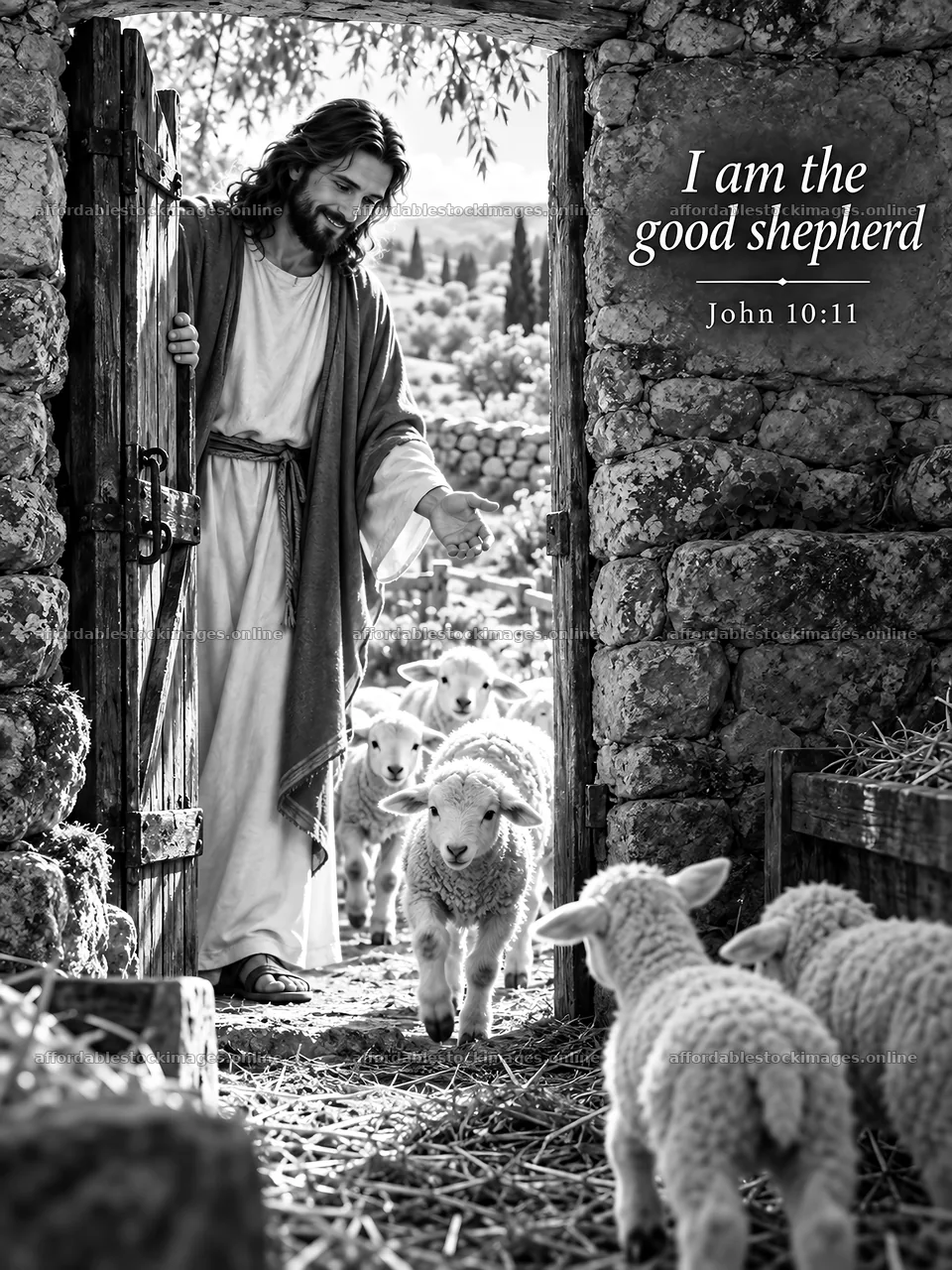 Jesus Christ welcomes sheep as the Good Shepherd – stock images 6708x8945