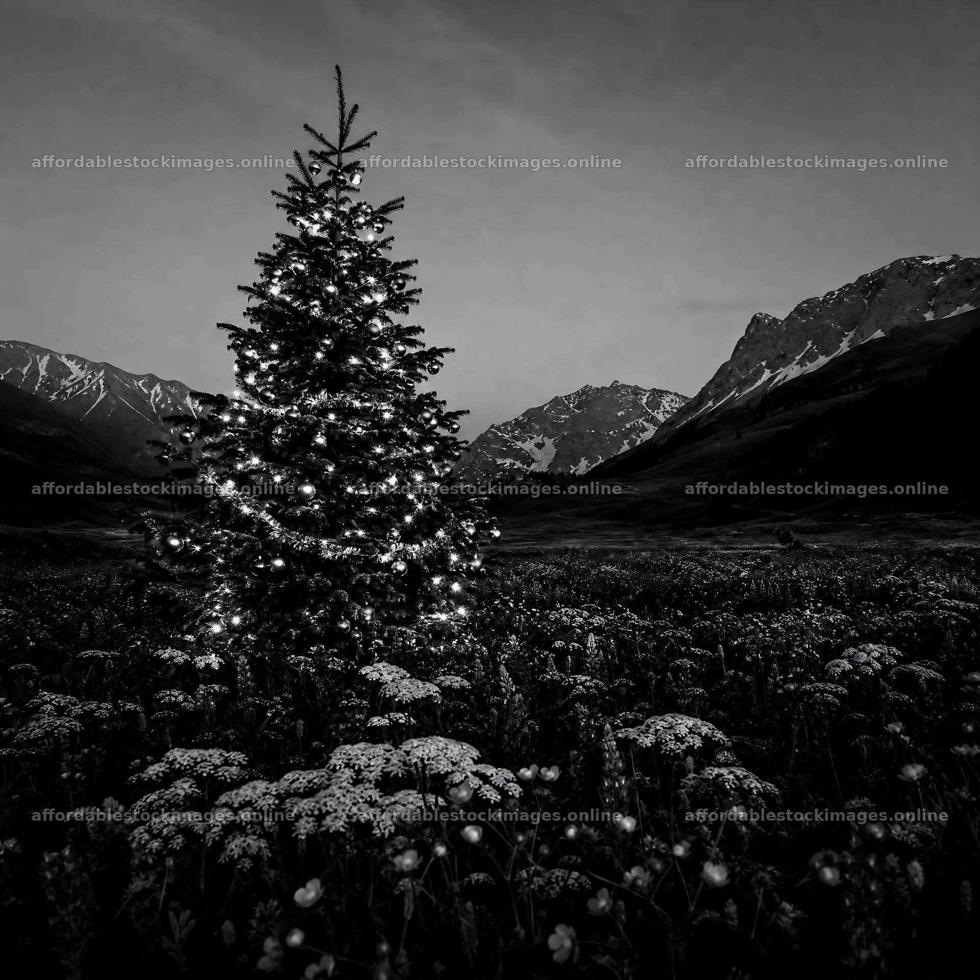 Christmas tree in mountain valley meadow at dusk – stock images 7938x7938