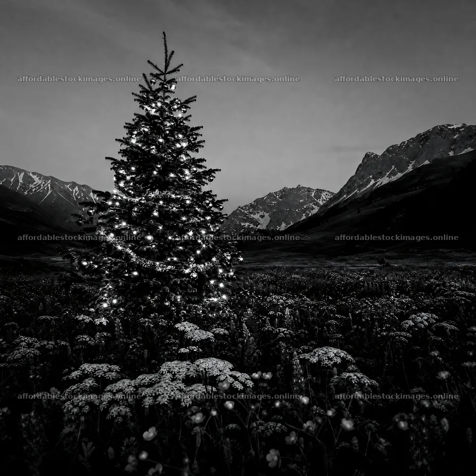 Christmas tree in mountain valley meadow at dusk – stock images 7938x7938