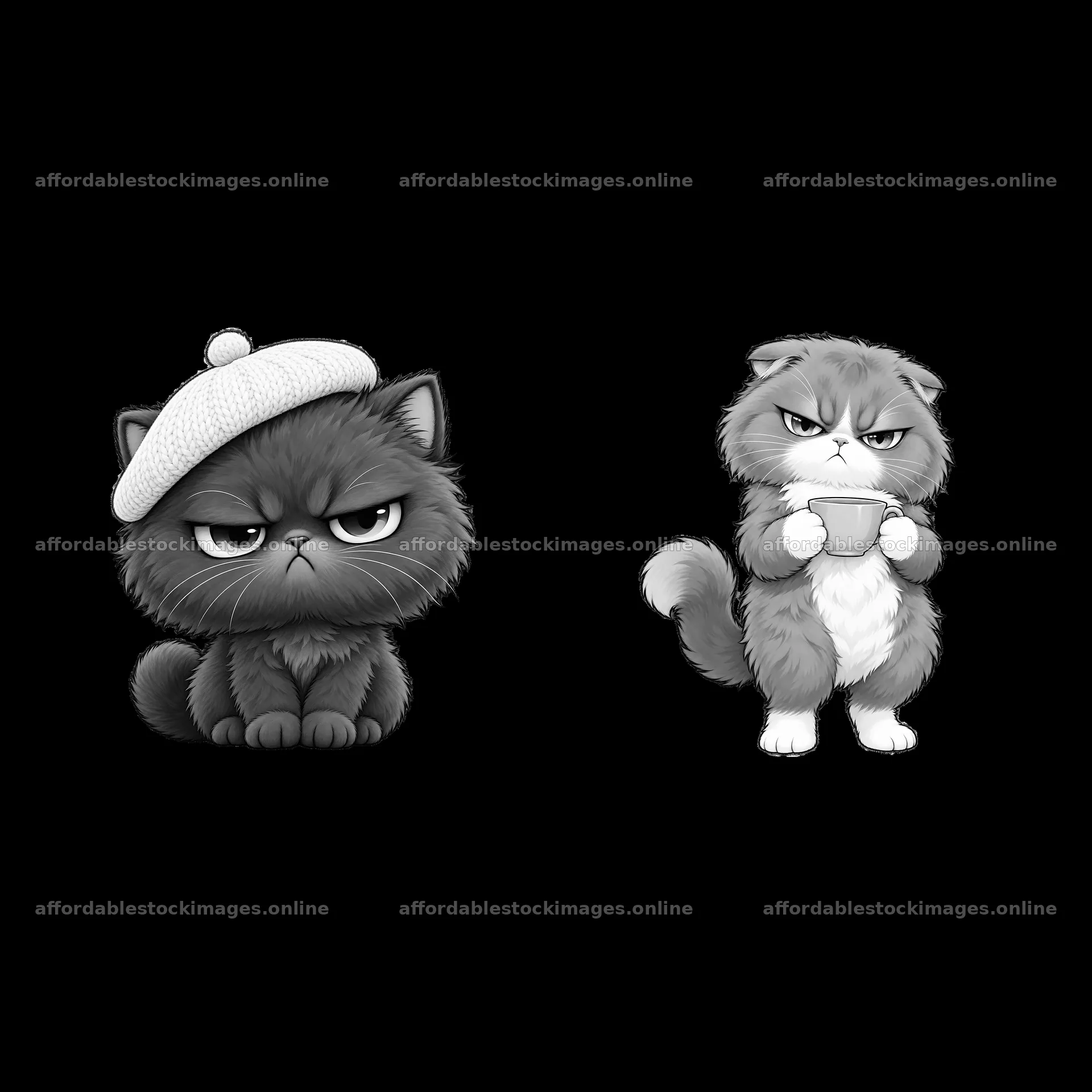 Kawaii grumpy cat stickers with a hat and a cup – stock images 7746x7746