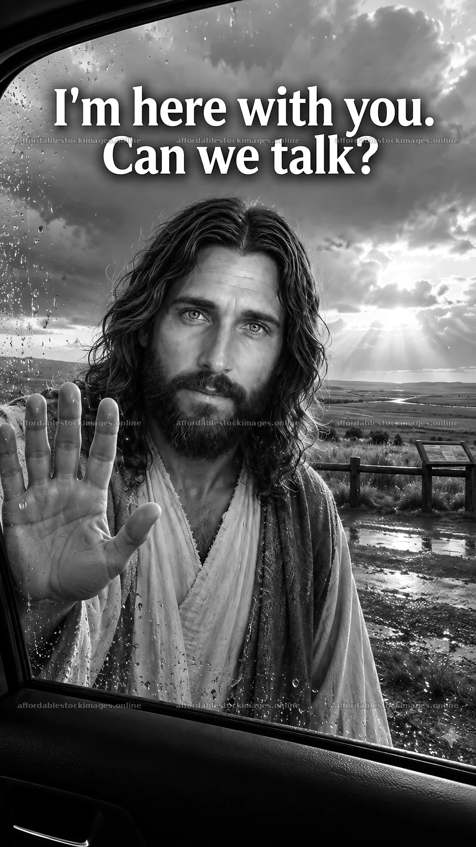 Jesus Christ standing by a window asking to talk – stock images 5811x10326