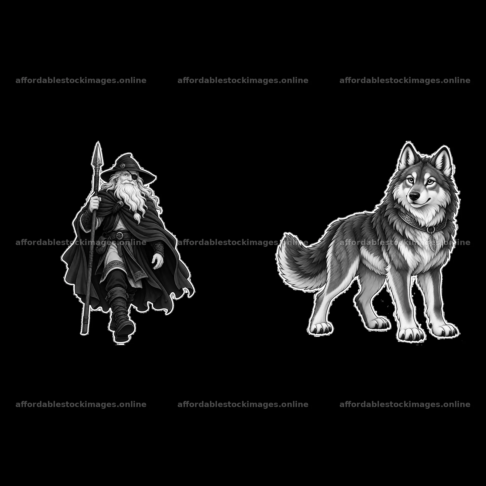 Odin walking with his wolf companion in a black-and-white – stock images 7746x7746