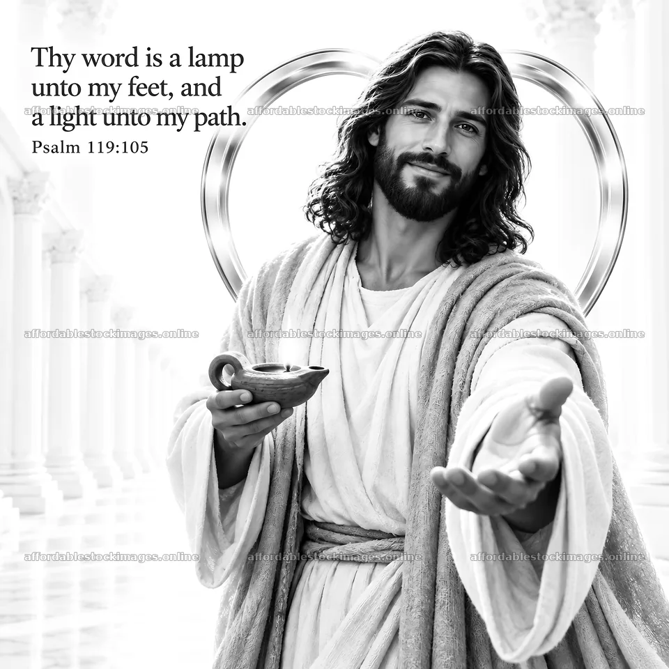 Jesus Christ extending warmth with a lamp in hand – stock images 7746x7746