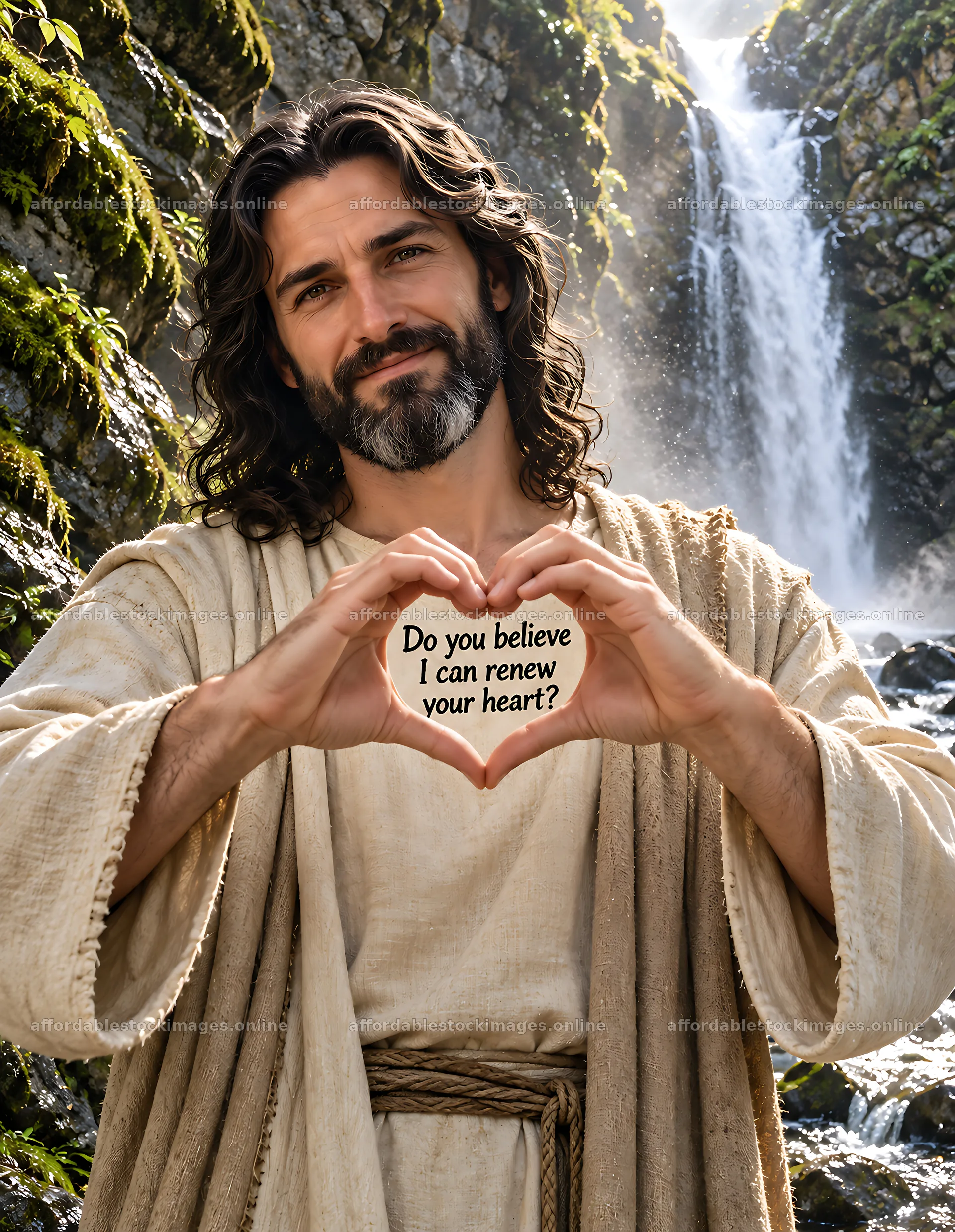 Man beside waterfall holding heart-shaped sign – stock images 6986x9018