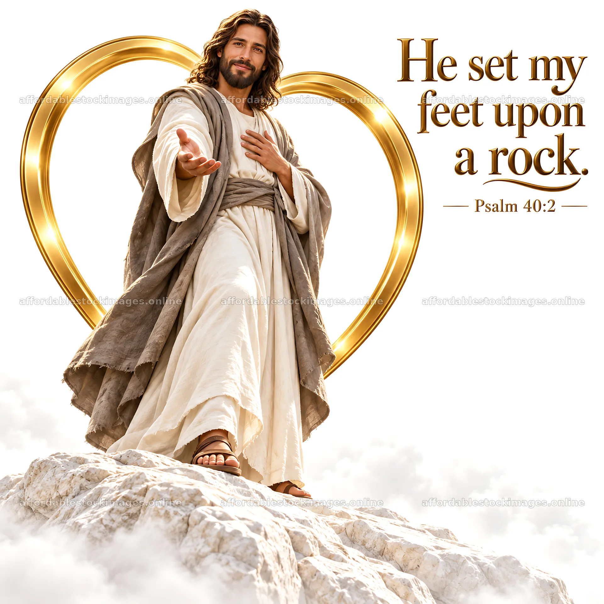 Jesus Christ standing on a rock with a welcoming gesture – stock images 7746x7746
