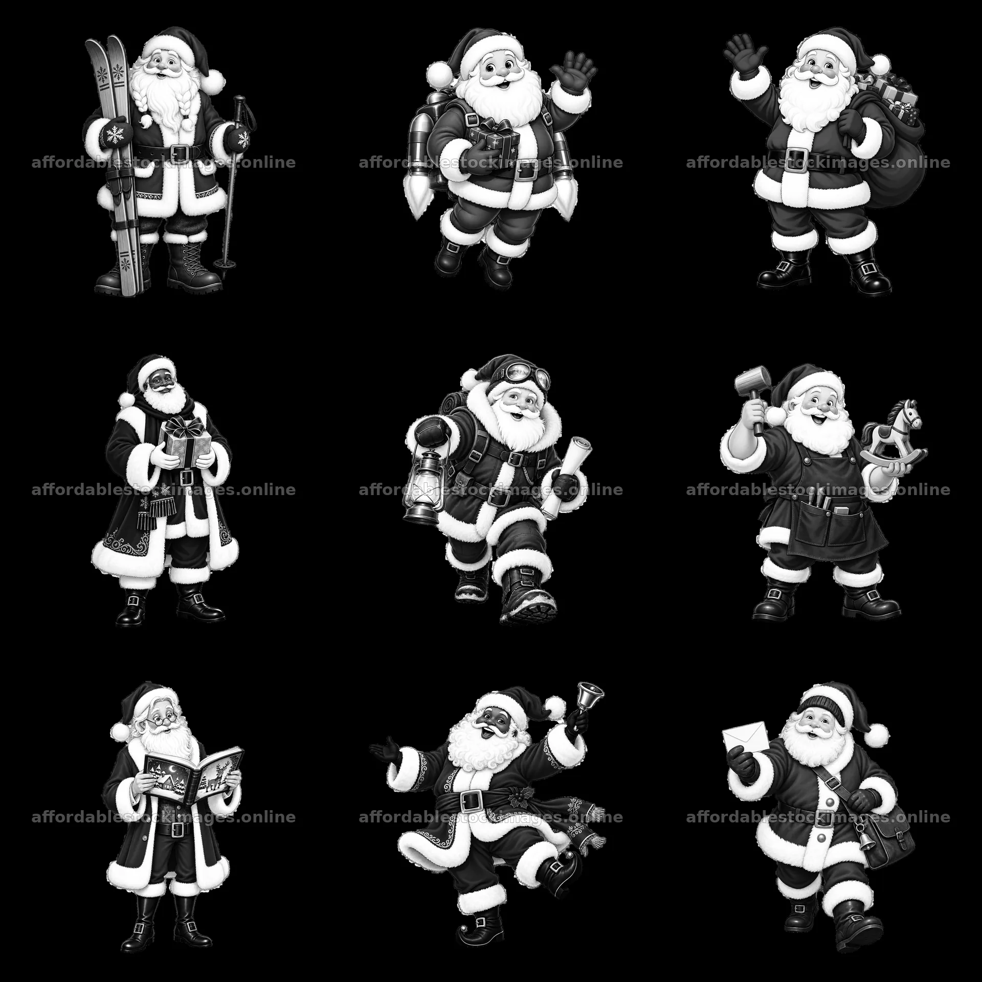 Monochrome nine cartoon figure stickers in a square arrangement – stock images 7746x7746