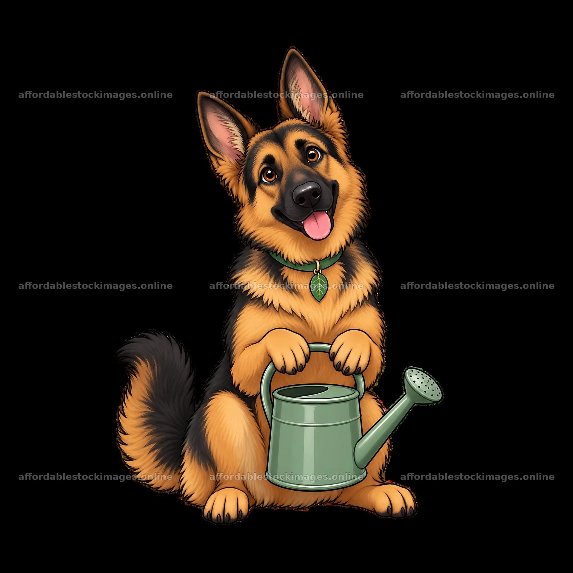 German shepherd dog holding a watering can with a happy – stock images 7746x7746