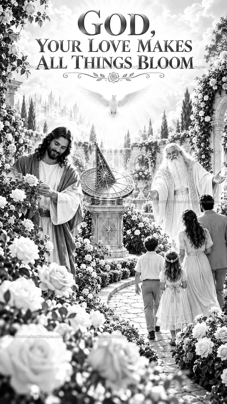 Jesus Christ with children in a beautiful garden scene – stock images 5811x10326