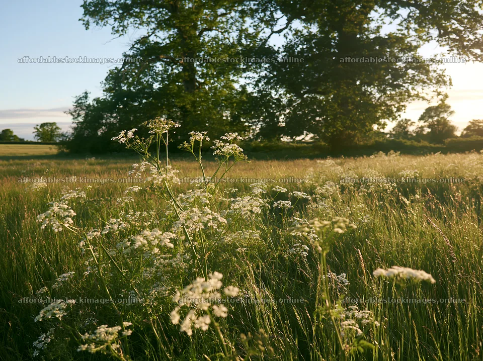 Cow parsley meadow in late afternoon light – stock images 9174x6866