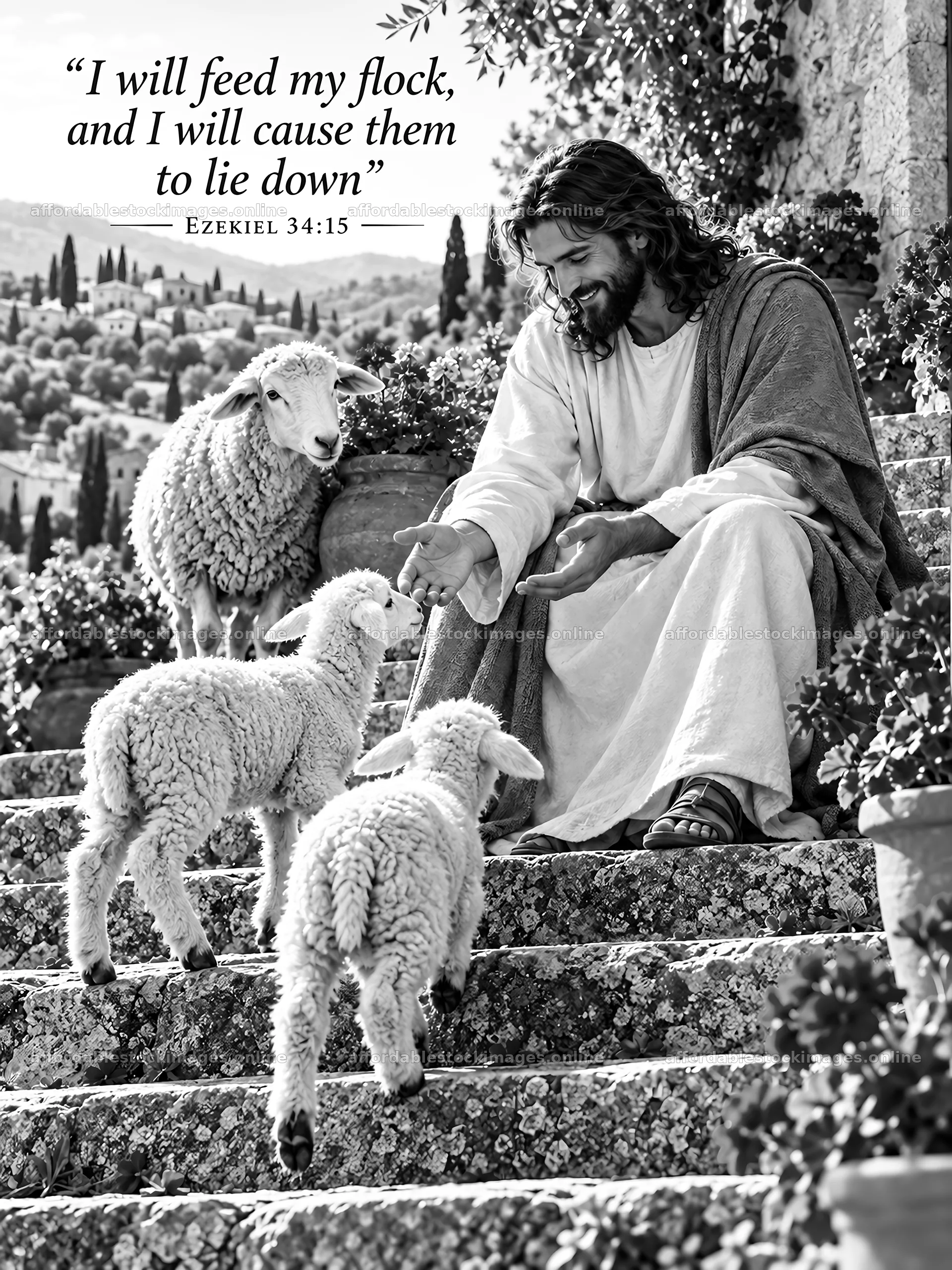 Jesus Christ feeding sheep and comforting them – stock images 6708x8945