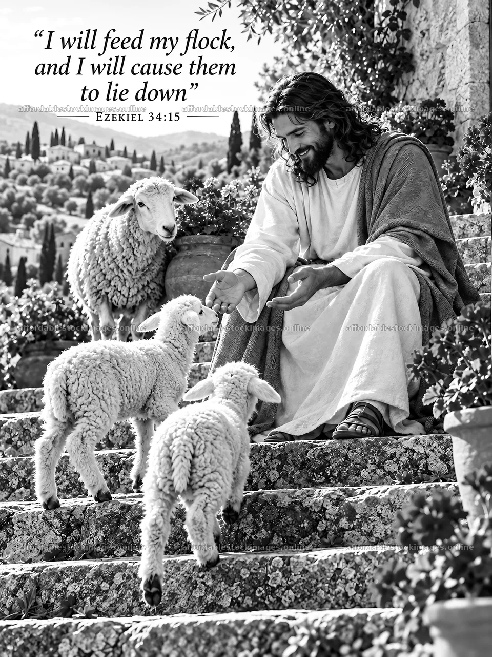 Jesus Christ feeding sheep and comforting them – stock images 6708x8945