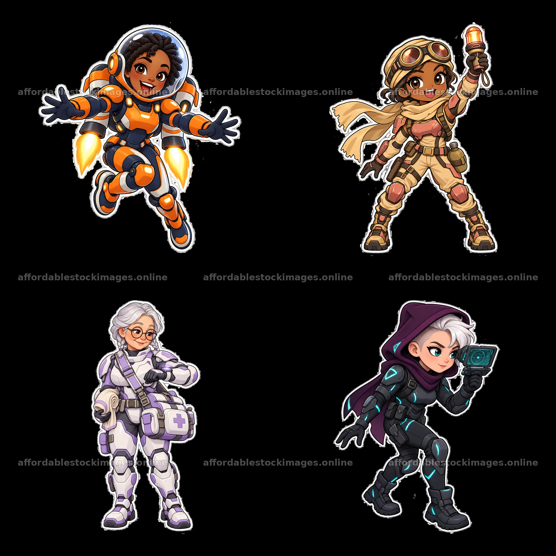 Kawaii futuristic super-soldier stickers in 2x2 layout – stock images 7746x7746