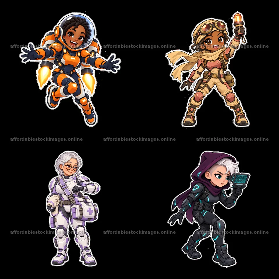 Kawaii futuristic super-soldier stickers in 2x2 layout – stock images 7746x7746