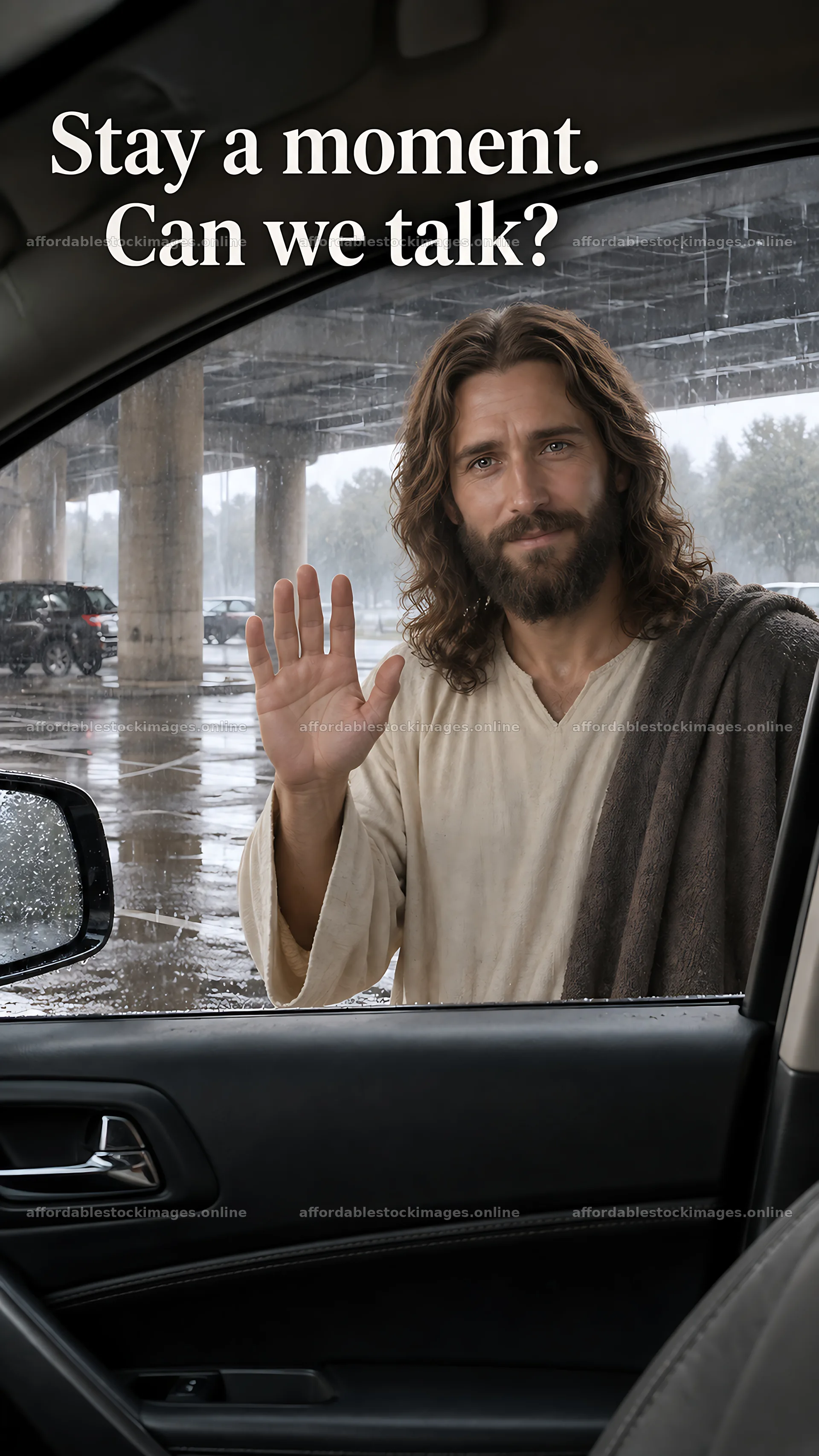 Jesus Christ inviting conversation in a modern setting – stock images 5811x10326