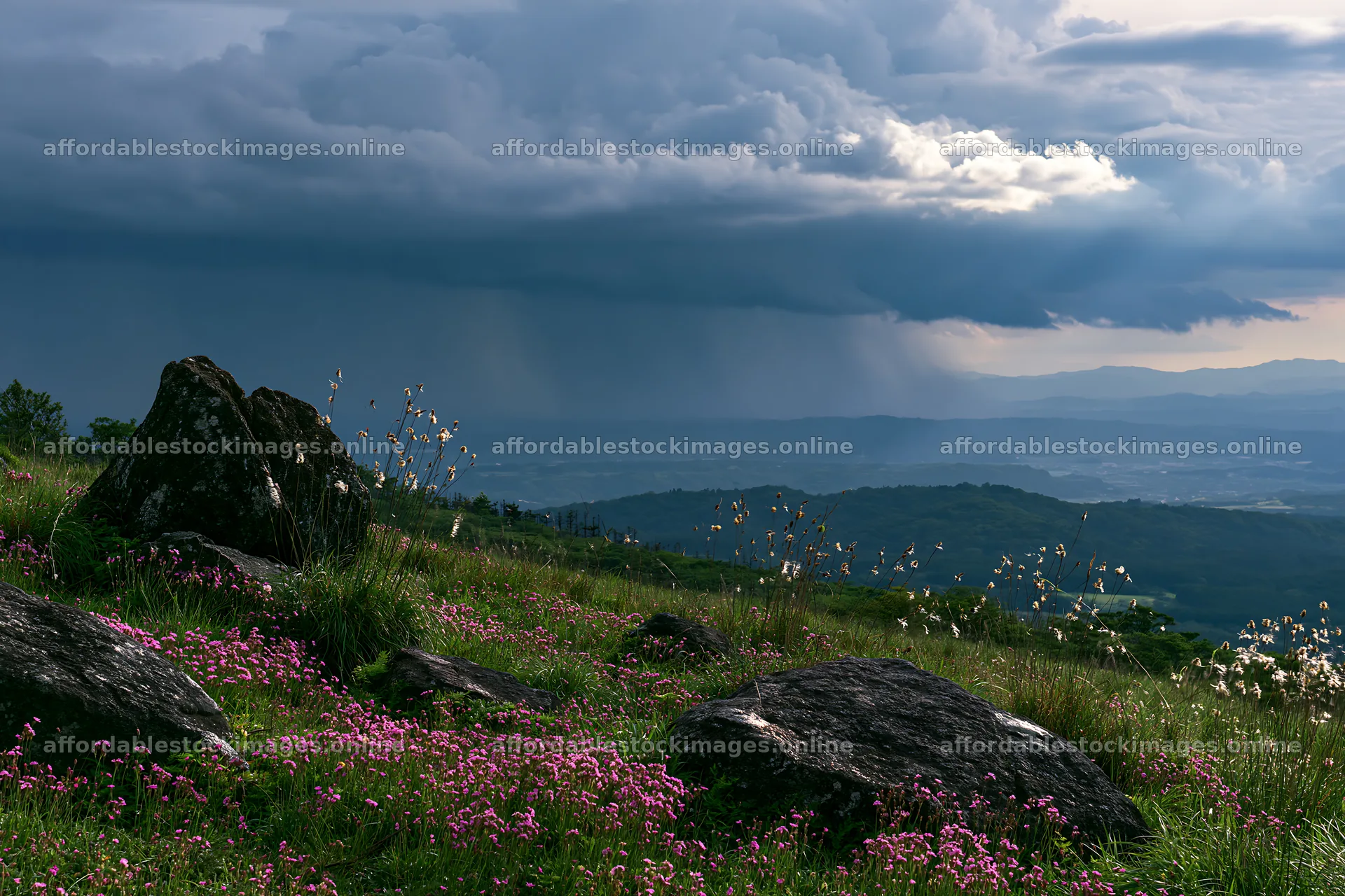 Oita highland meadow with granite stones under cloudy sky – stock images 9722x6480