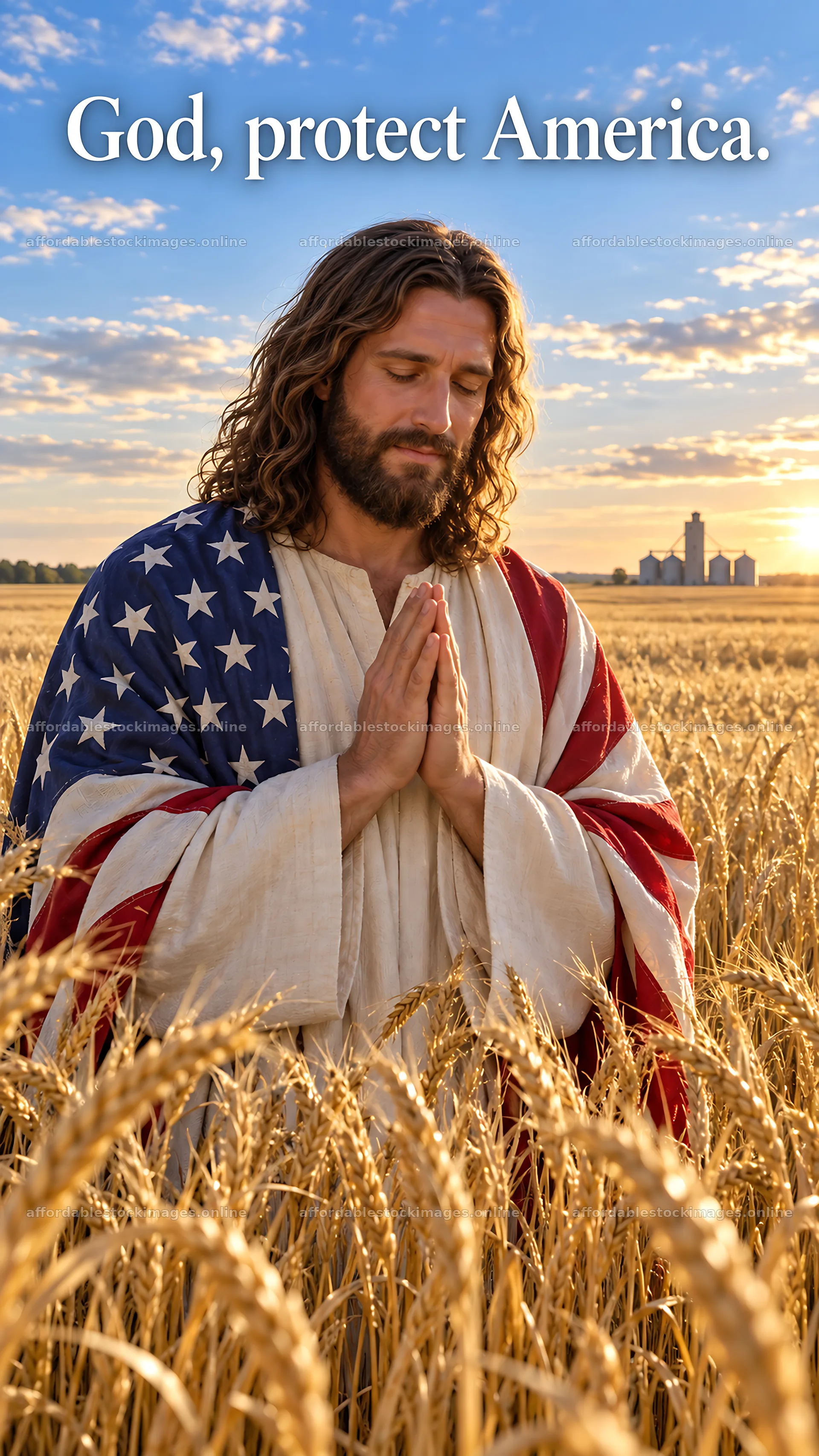 Jesus Christ praying for America in a field – stock images 5811x10326