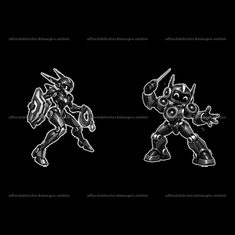Two mech robots with accessories in black and white illustration – stock images 7746x7746