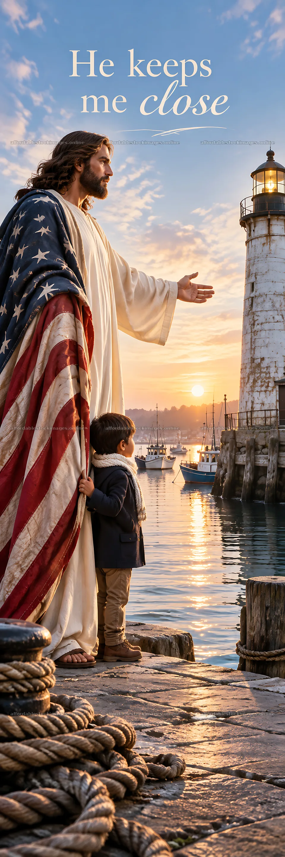 Jesus Christ welcomes a child near a lighthouse at sunset – stock images 4472x13417