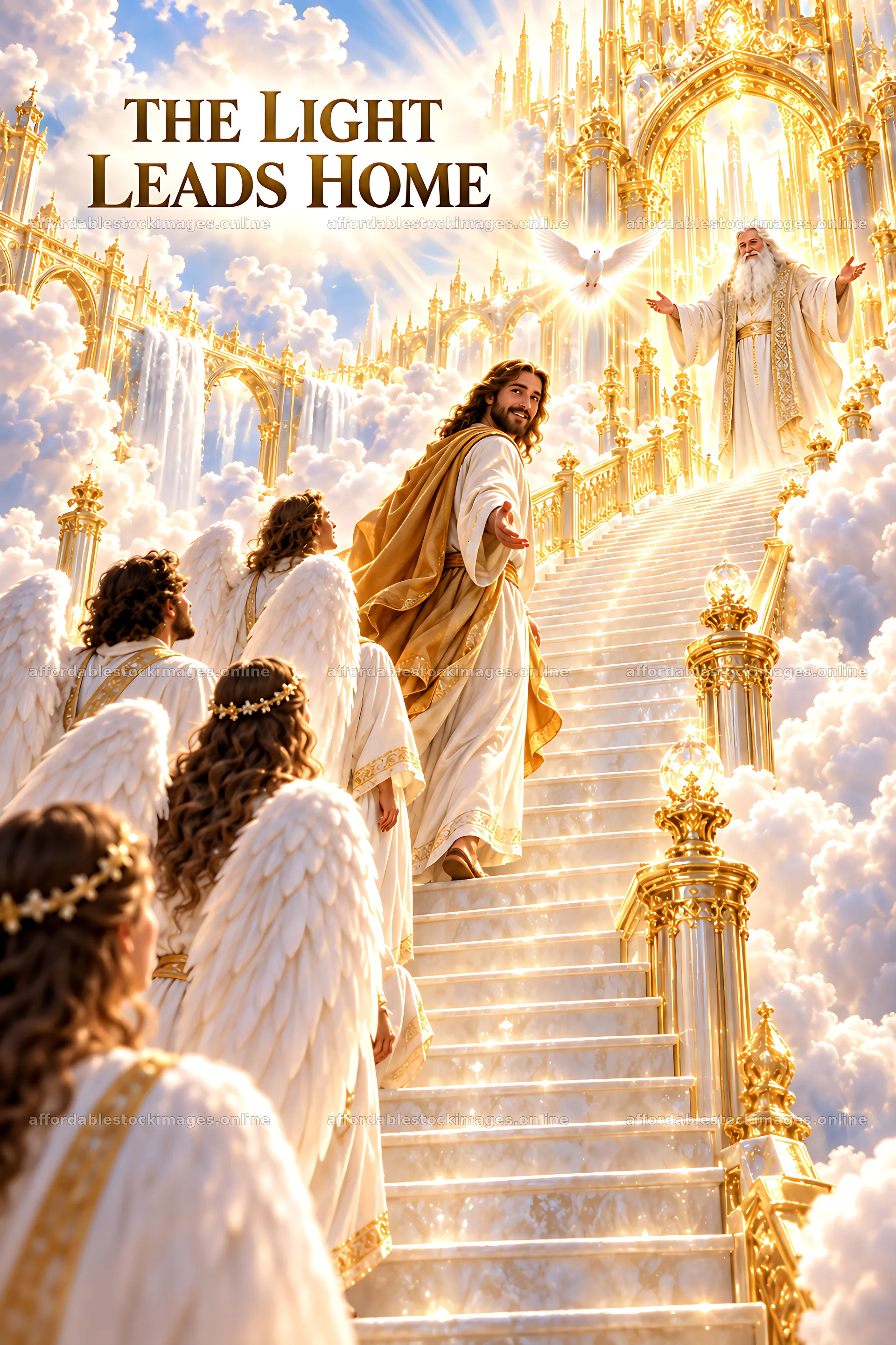 Light leads home with angels in a heavenly scene – stock images 6480x9722