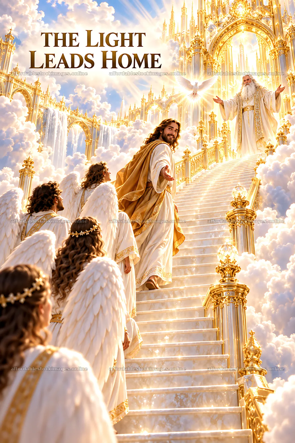 Light leads home with angels in a heavenly scene – stock images 6480x9722