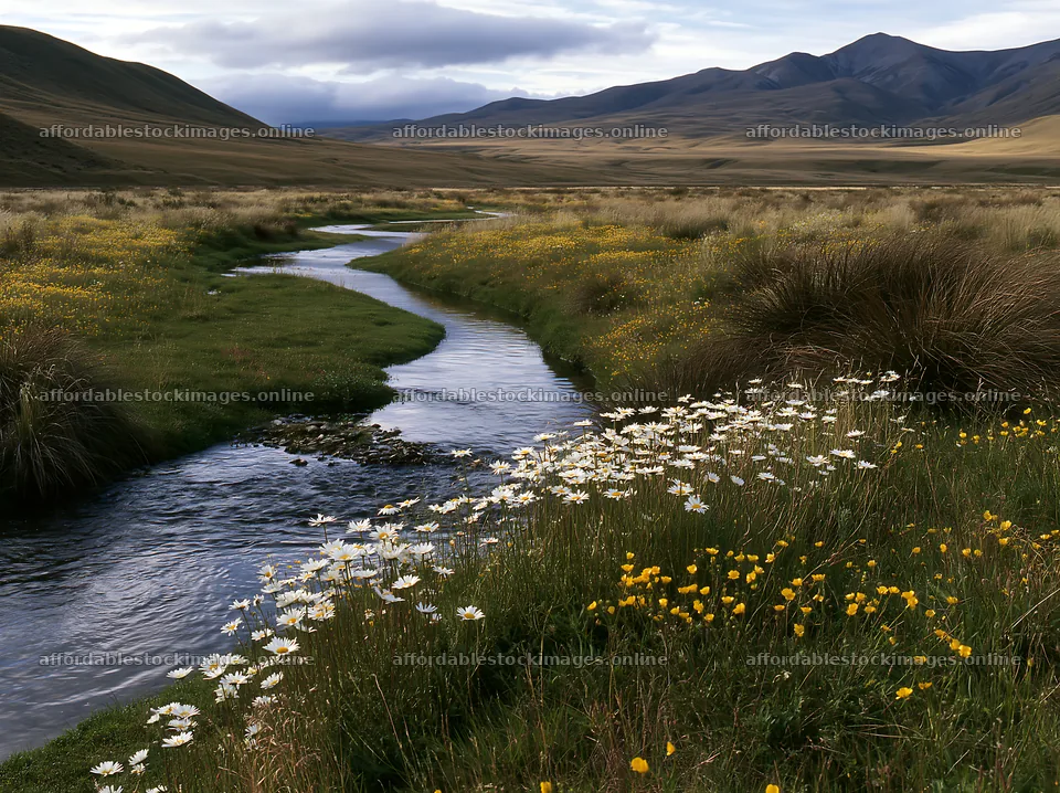 Winding stream through meadow with flowers and mountains – stock images 9174x6866
