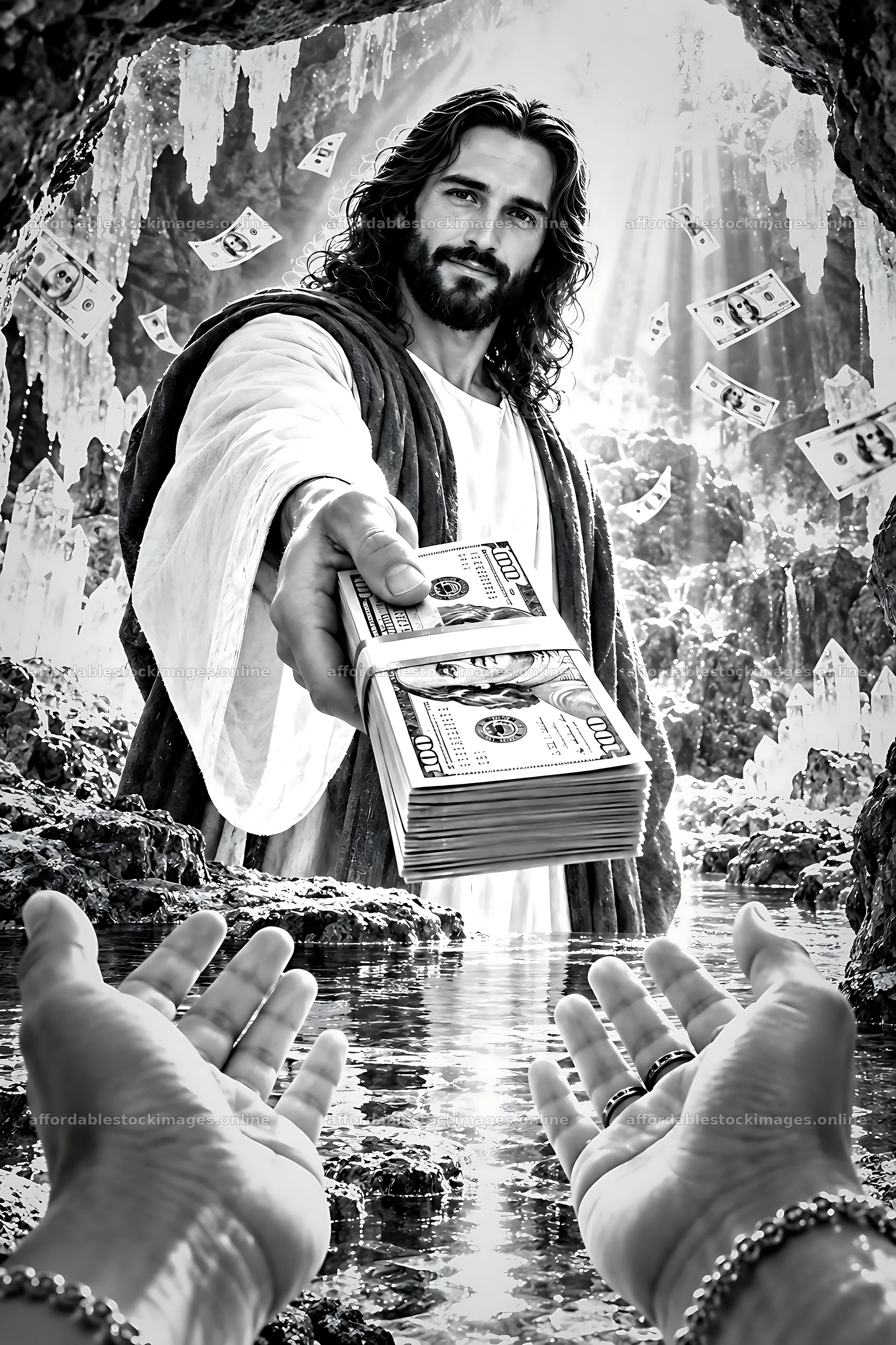 Man offers money in a cave filled with crystals – stock images 6480x9722
