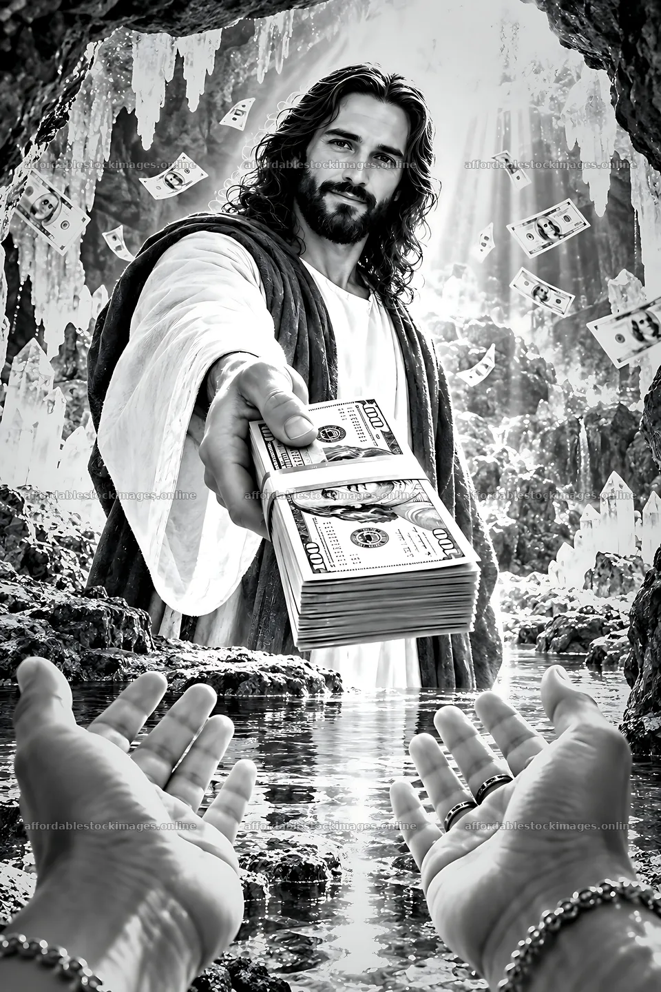 Man offers money in a cave filled with crystals – stock images 6480x9722