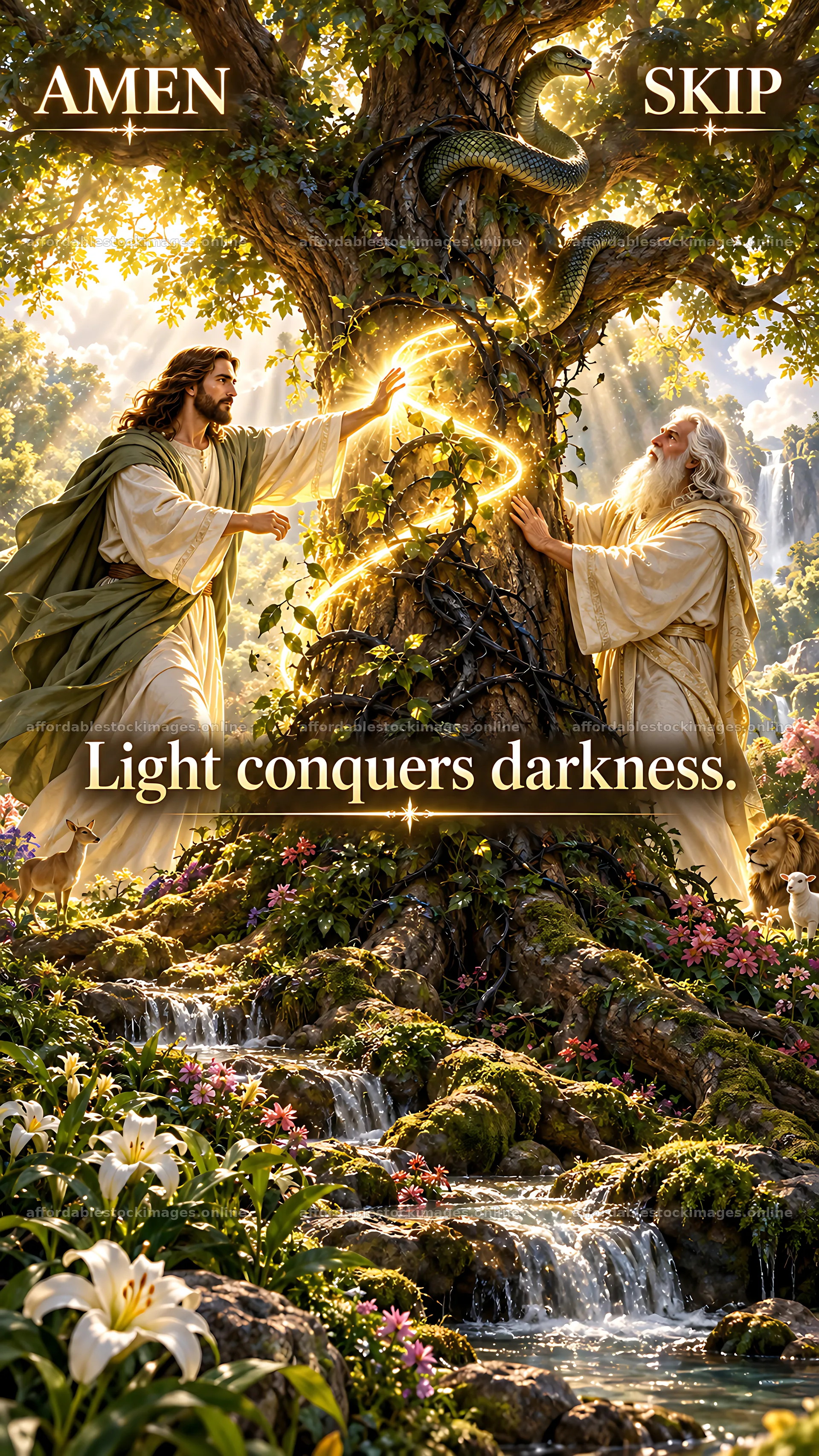 Jesus Christ sharing light with a wise figure – stock images 5954x10580
