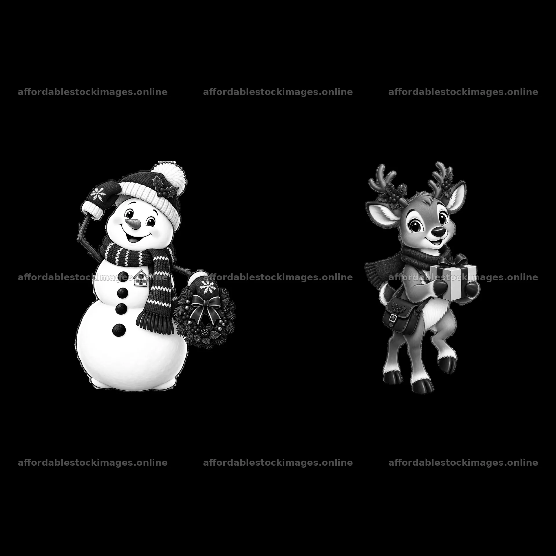 Snowman holding a wreath and reindeer with gifts in Christmas – stock images 7746x7746