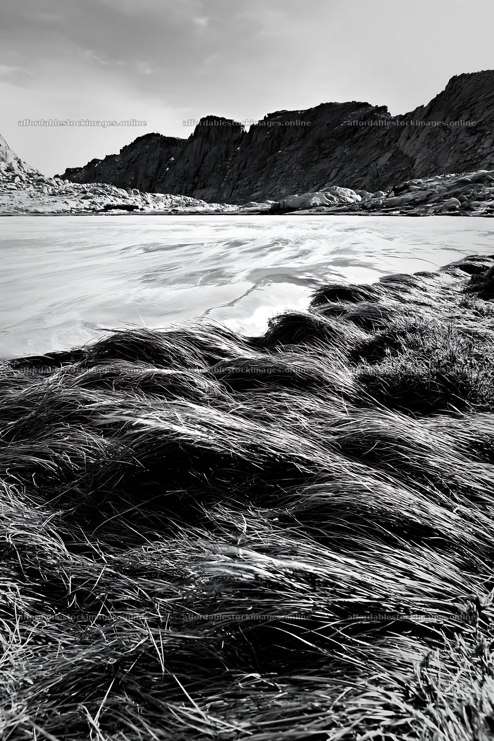 Frozen tarn meadow with grass and mountains in the background – stock images 6480x9722