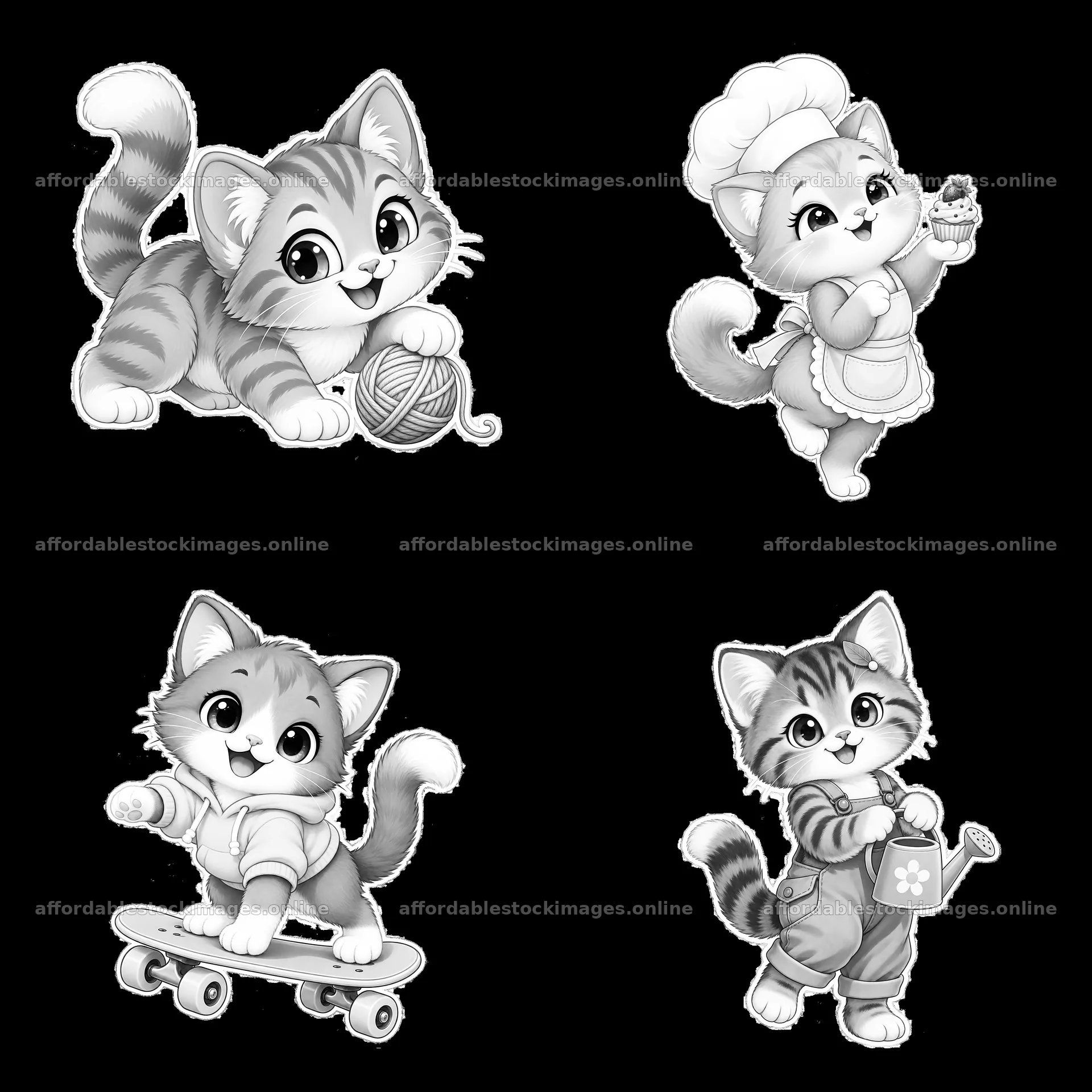 Kawaii cat characters engaging in fun activities in four scenes – stock images 7746x7746