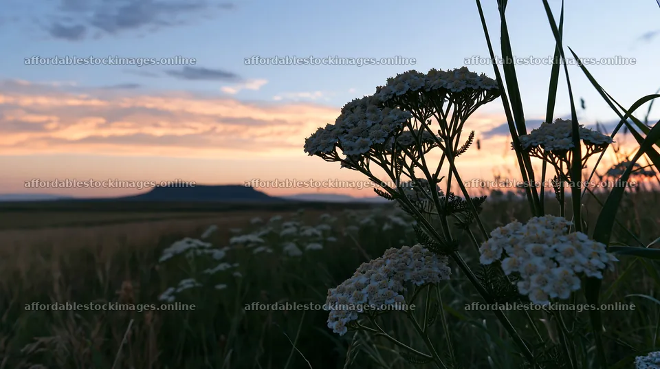 Yarrow meadow bloom with sunset sky in the background – stock images 10608x5938