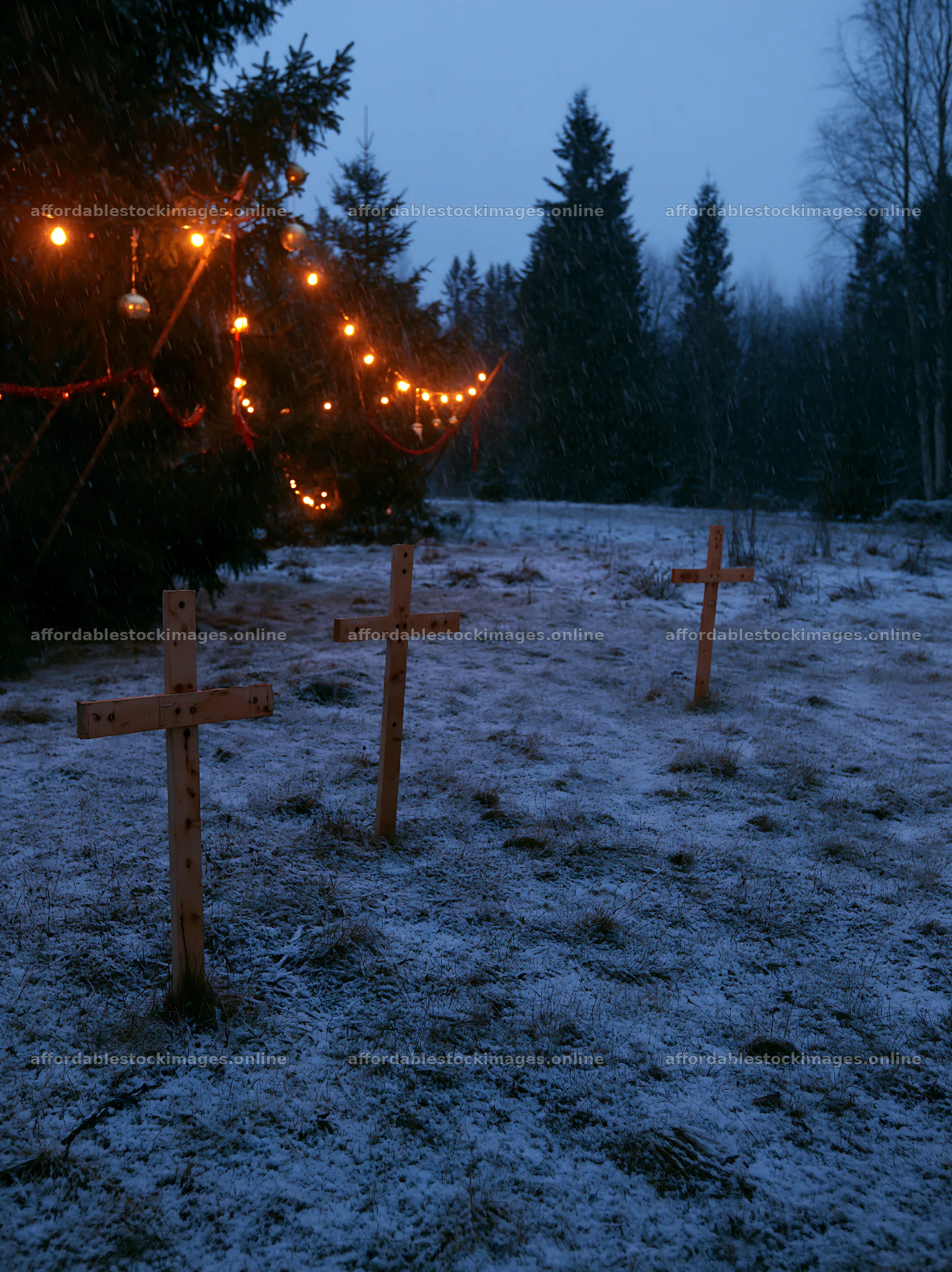 Multiple Christian crosses in snowy meadow at dusk – stock images 6866x9174