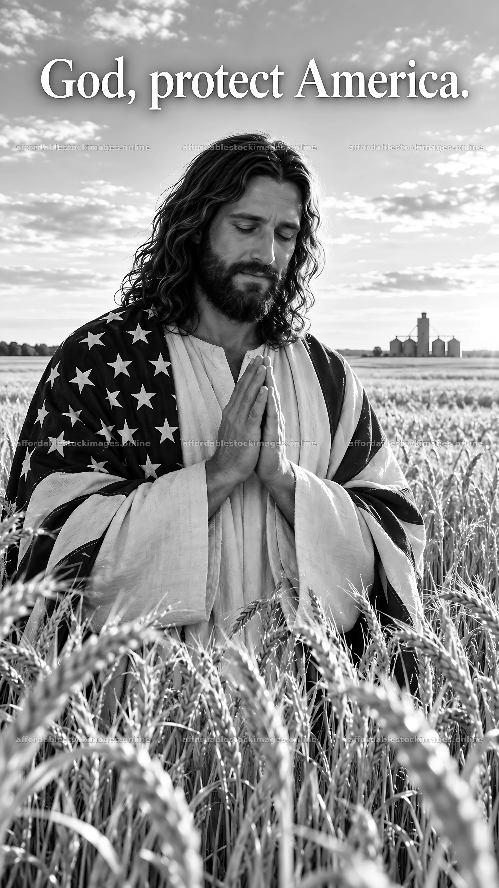 Jesus Christ praying while holding an American flag – stock images 5811x10326