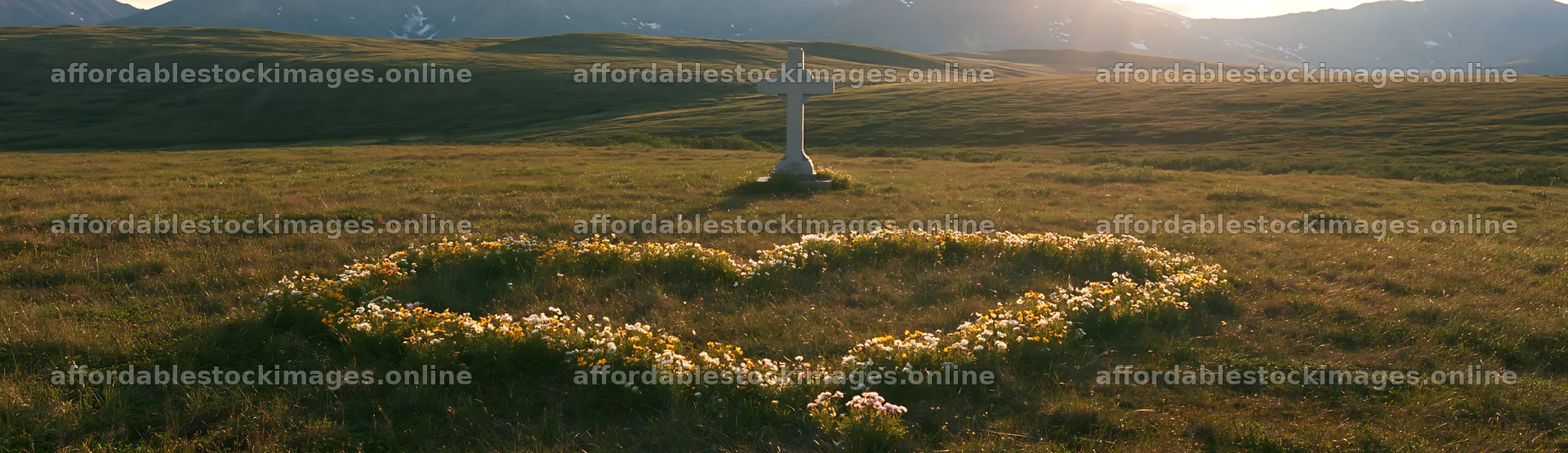 Cross in a sunny alpine meadow with a heart-shaped flower – stock images 14762x4268