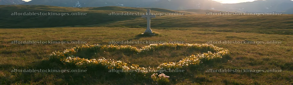 Cross in a sunny alpine meadow with a heart-shaped flower – stock images 14762x4268