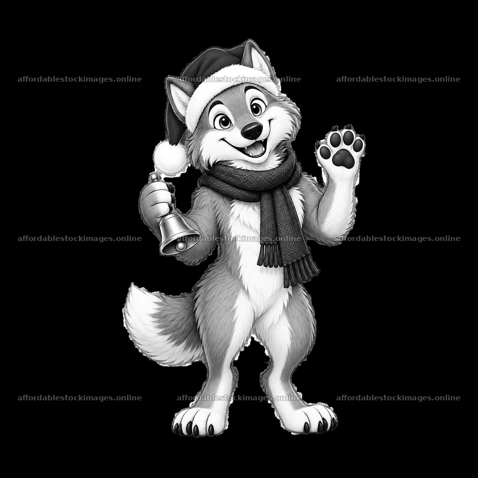 Christmas wolf character wearing a hat and holding a bell – stock images 7746x7746