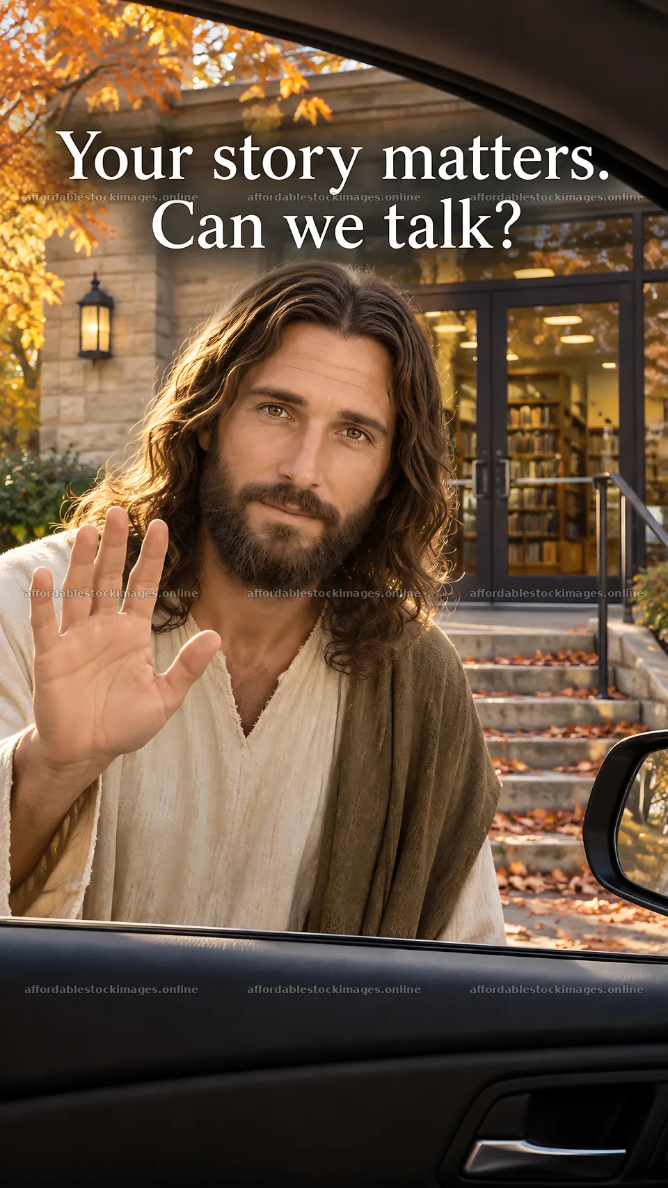 Jesus Christ inviting conversation by a library – stock images 5811x10326