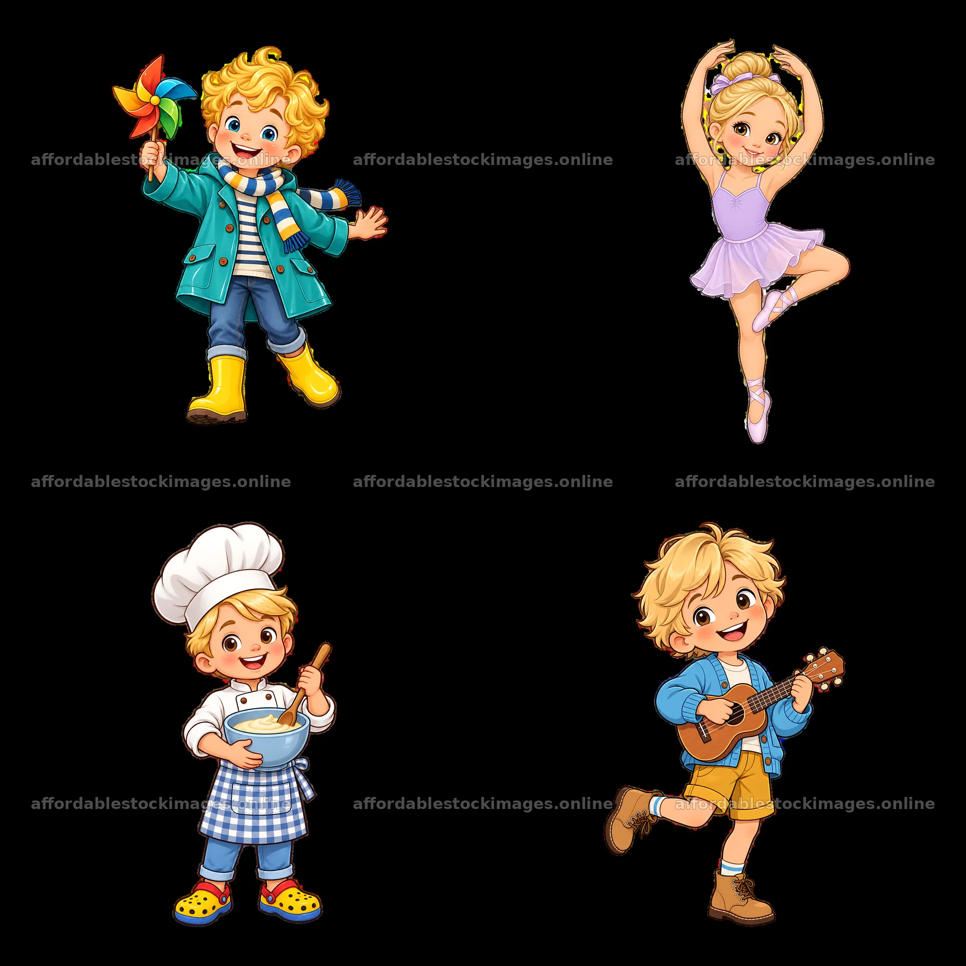 Blond child with windmill, ballet pose, chef, and guitar – stock images 7746x7746