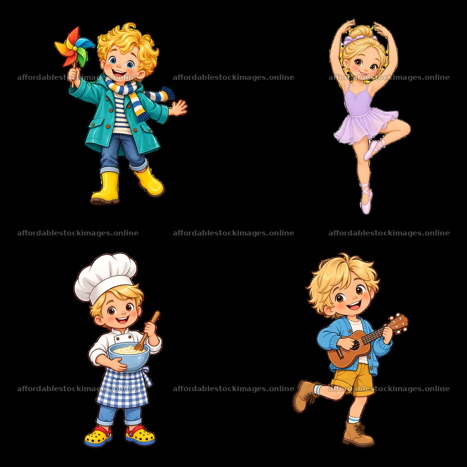 Blond child with windmill, ballet pose, chef, and guitar – stock images 7746x7746