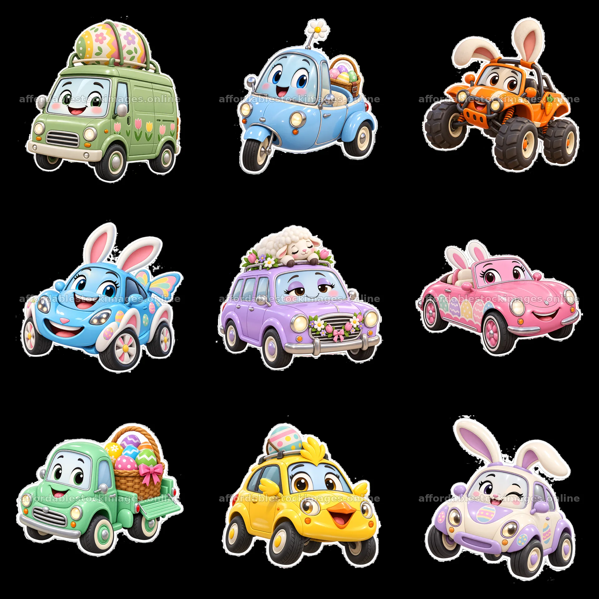 Easter themed cartoon cars with bunny decorations in a 3x3 grid – stock images 7746x7746