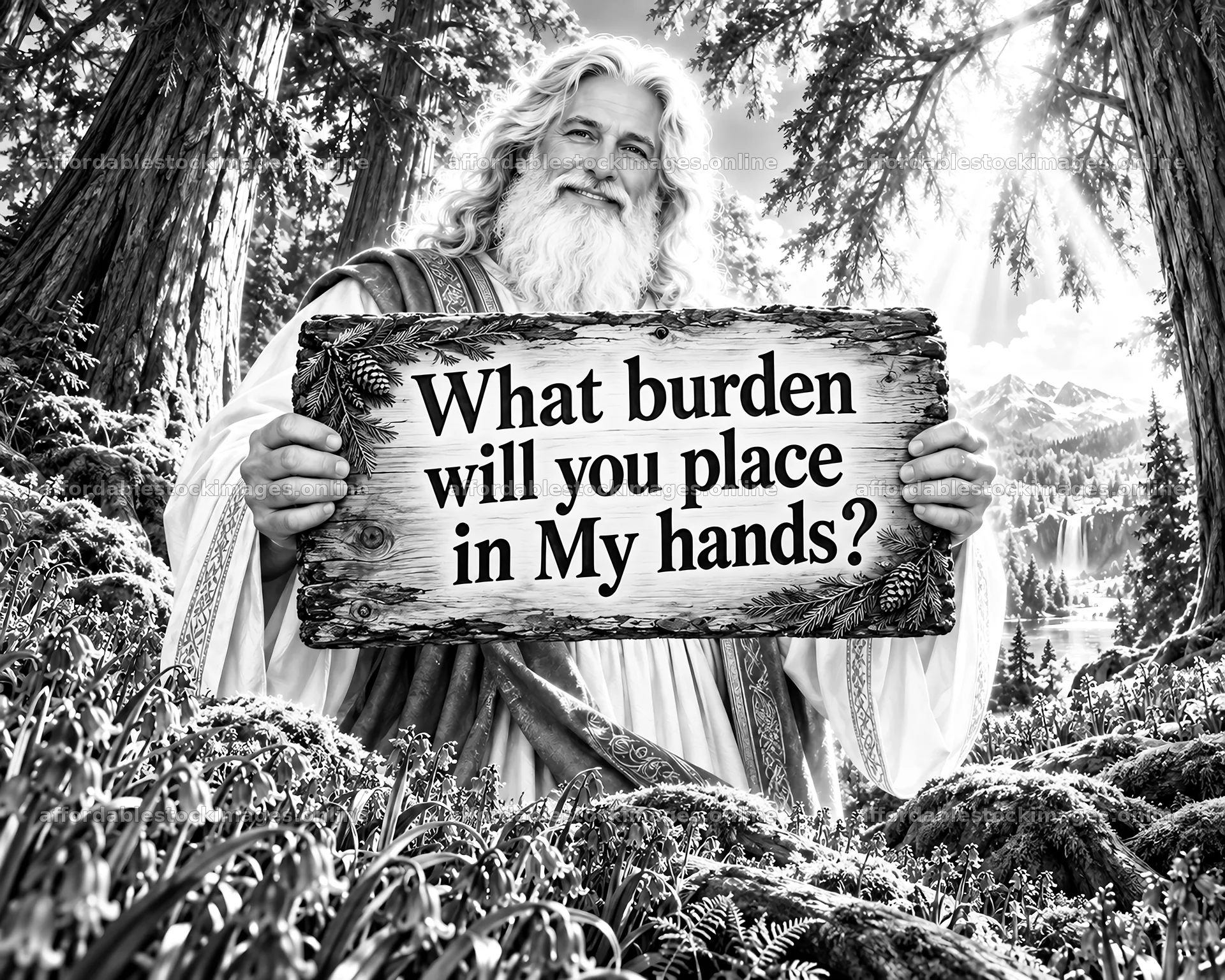 Jesus Christ holds a sign asking about burdens in the forest – stock images 8659x6930