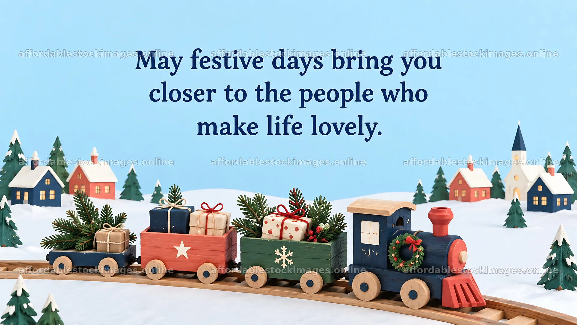 Christmas Train Greeting in a Snowy Village – stock images 10324x5812