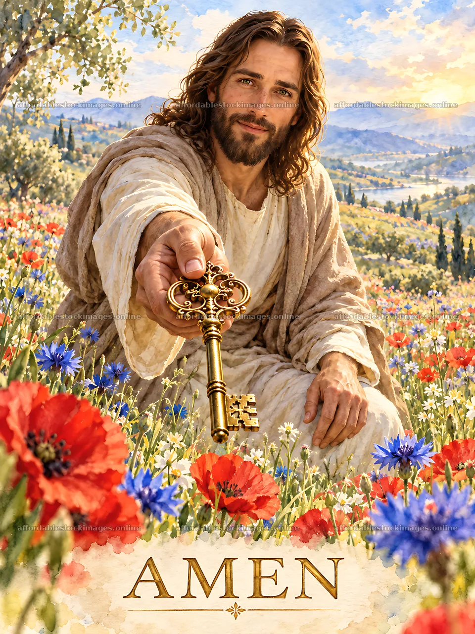 Man in white robe holding a key in a colorful field – stock images 6874x9166