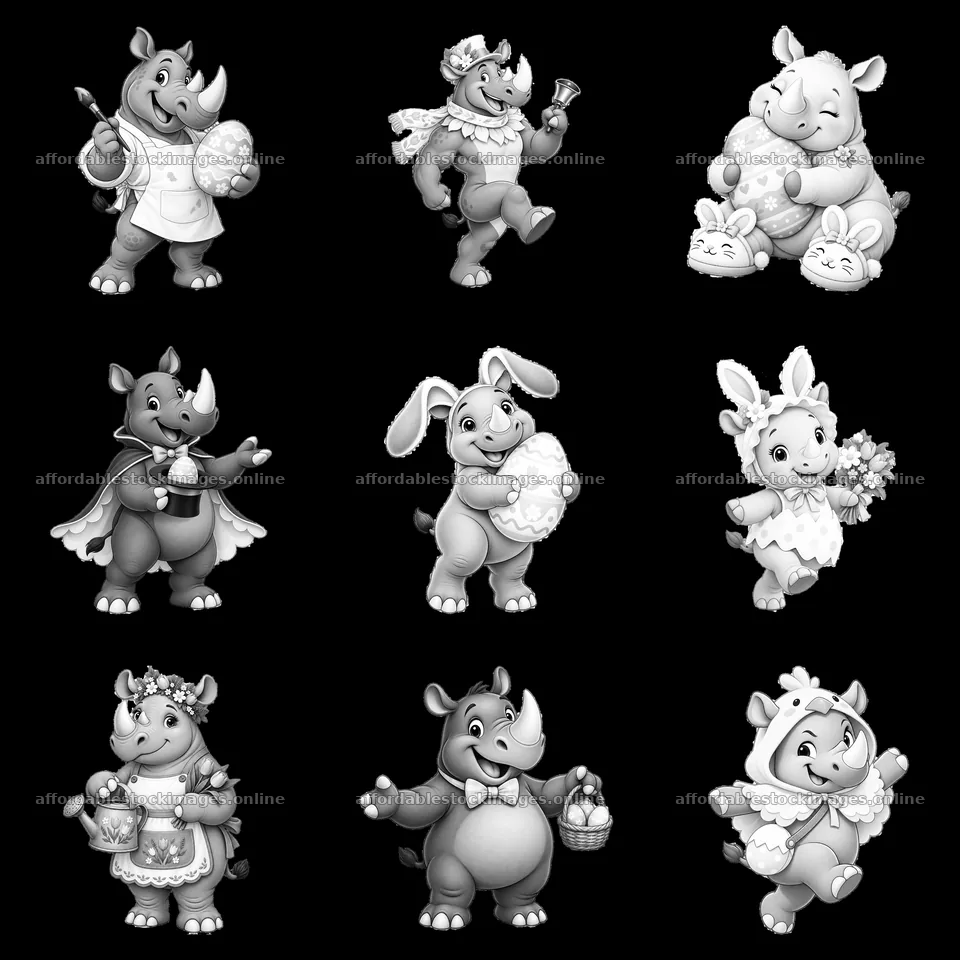 Easter rhinos and bunny characters in black-and-white sticker – stock images 7746x7746