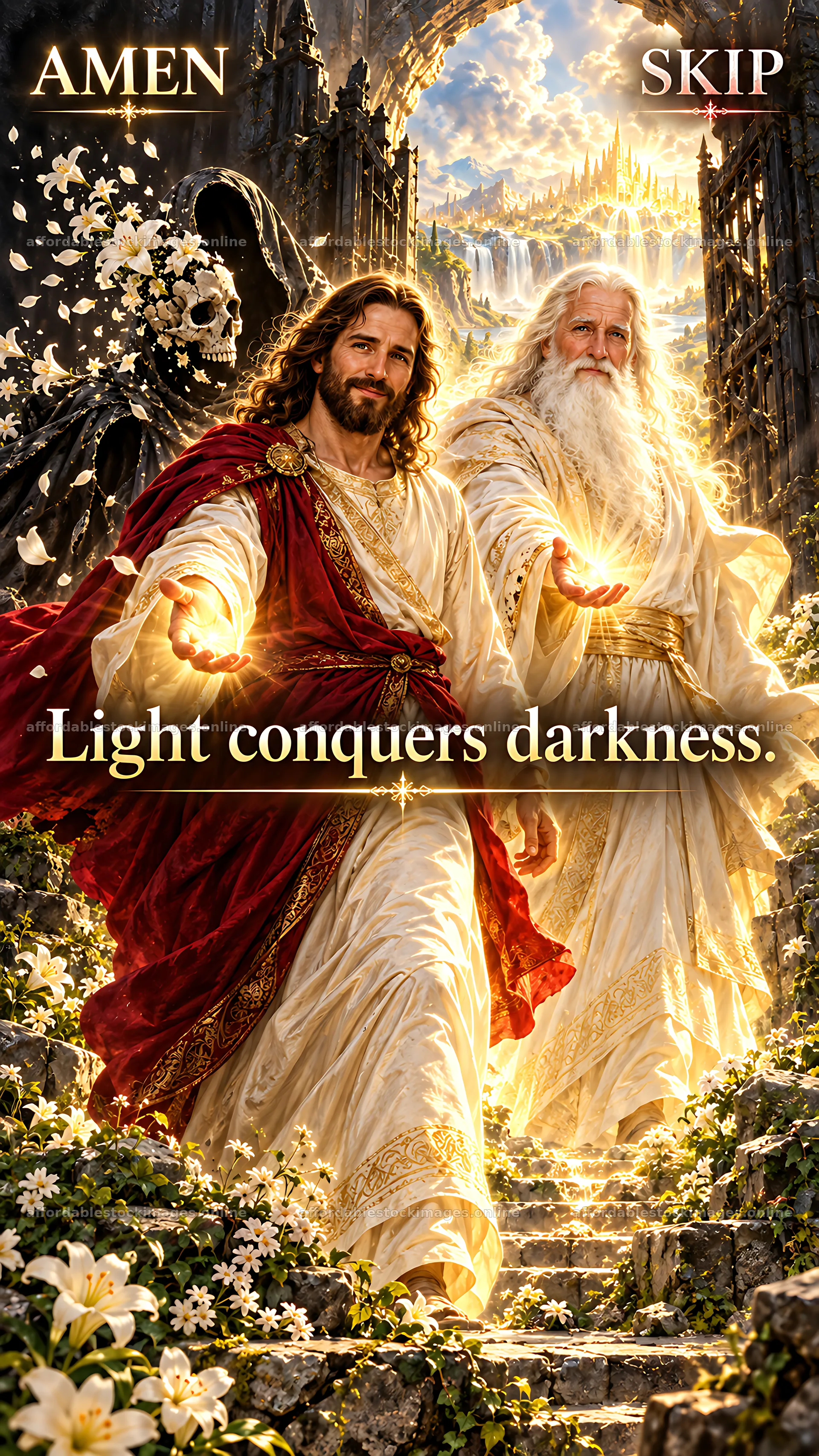 Jesus Christ leading the way in a scene of light and hope – stock images 5954x10580