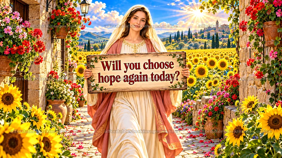 Jesus Christ encouraging hope in a vibrant flower garden – stock images 10324x5812